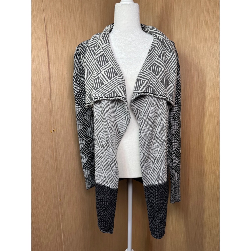 Lucky Brand Womens Black White Geometric Open Front Draped Cardigan Sweater Sz S